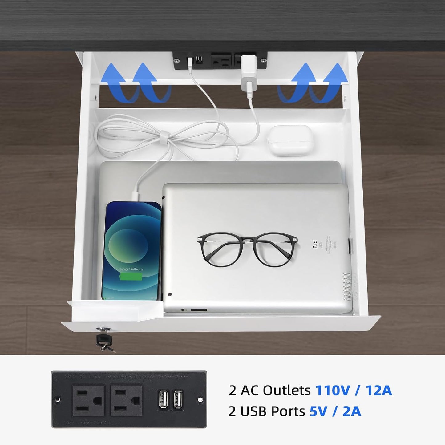 Lumil Under Desk Mounted Drawer Lockable with 3 Prong Extension Cord 10 FT with Multiple Outlets and Foldable Cable Management Arm for Office Desk 15.7" (W) x 15.7" (D) x 4.4" (H), White