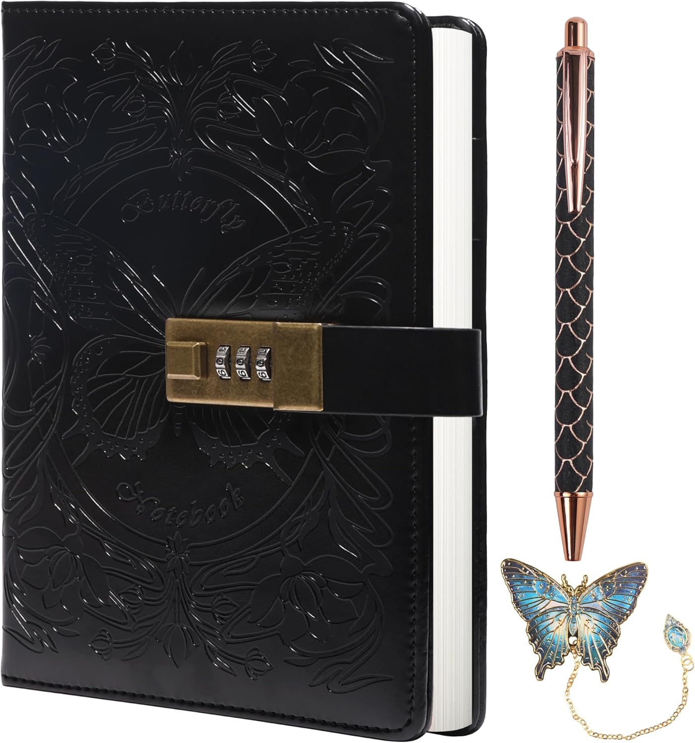 TIEFOSSI Diary with Lock for Women Girls, Lined Locked Journal, Butterfly Journal Notebook with Pen and Bookmark, A5 Refillable Locking Journals for Writing, 224 Numbered Pages