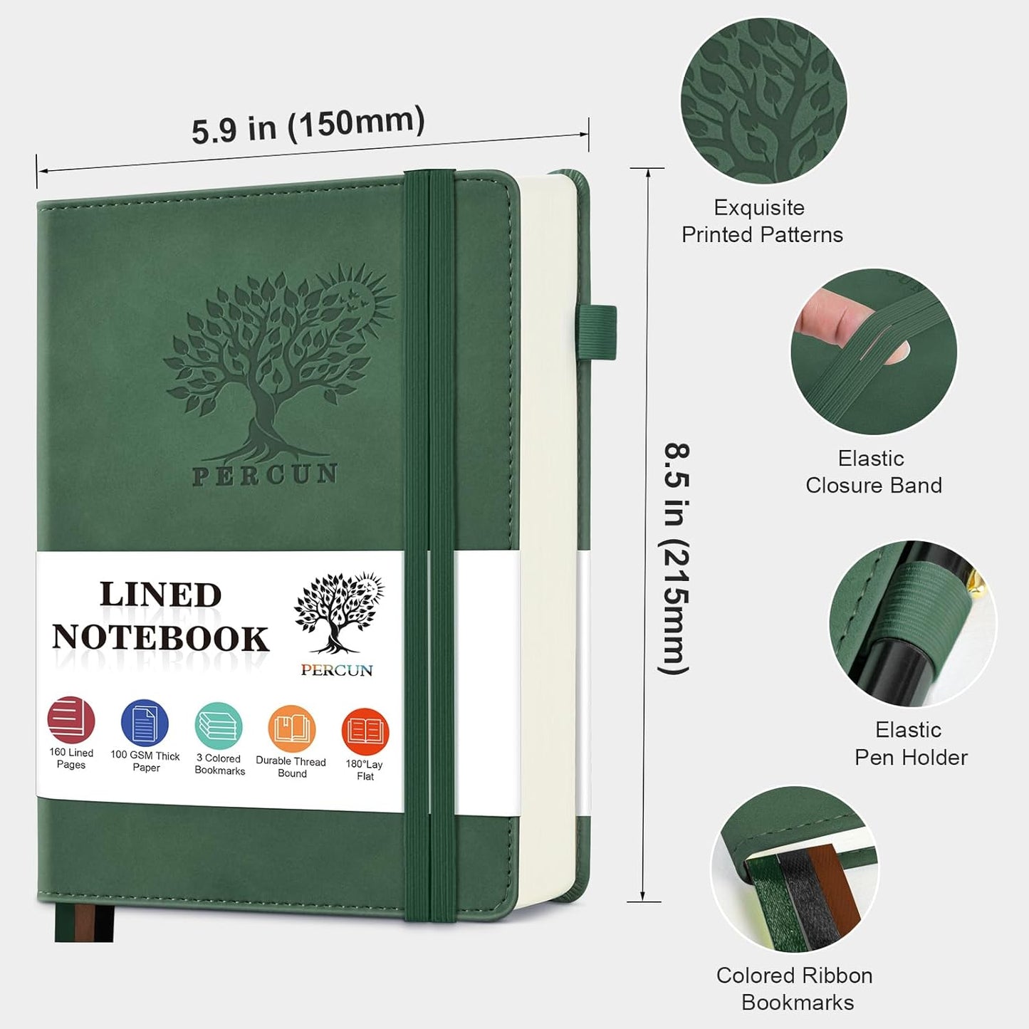 PERCUN Lined Journal Notebook for Men & Women, 160 Pages College Ruled Journal for Writing, A5 Hardcover Leather Notebooks for Work, School, Business, Travel, Daily Diary 5.9" x 8.5" - Green