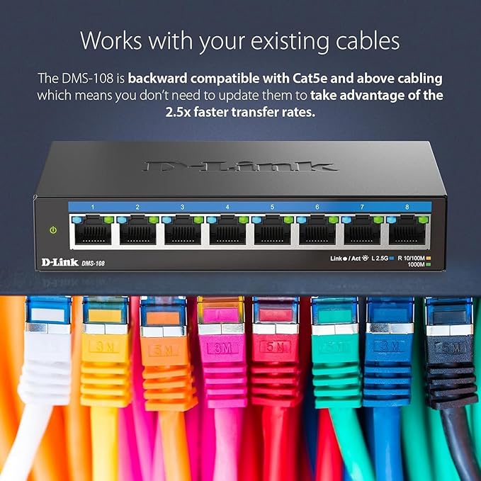 D-Link 8-Port 2.5GB Unmanaged Gaming Switch with 8 x 2.5G - Multi-Gig, Network, Fanless, Plug & Play (DMS-108),Black