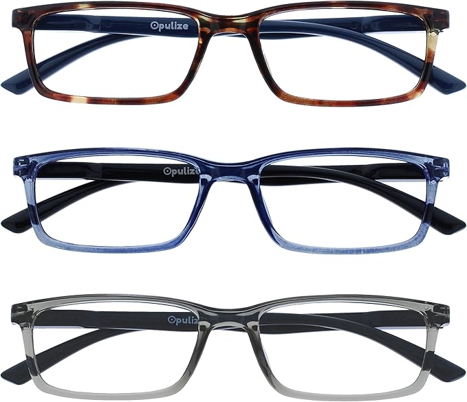 OPULIZE SEE Reading Glasses with Blue Light Blocking for Women and Men, Narrow Frame, Spring Hinges, Computer Gaming Glasses, Brown,Blue,Grey +3 (Pack of 3)