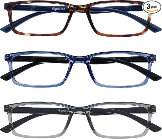 OPULIZE SEE Reading Glasses with Blue Light Blocking for Women and Men, Narrow Frame, Spring Hinges, Computer Gaming Glasses, Brown,Blue,Grey +3.5 (Pack of 3)