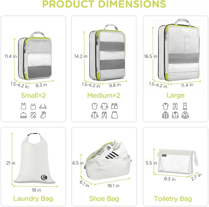 Cipway Compression Packing Cubes Mesh, Lightweight Luggage Organizer Bags with Laundry Bag,Toiletries Bag and Shoe Bag, Travel Essentials for Carry on Suitcase（8Pcs,White）