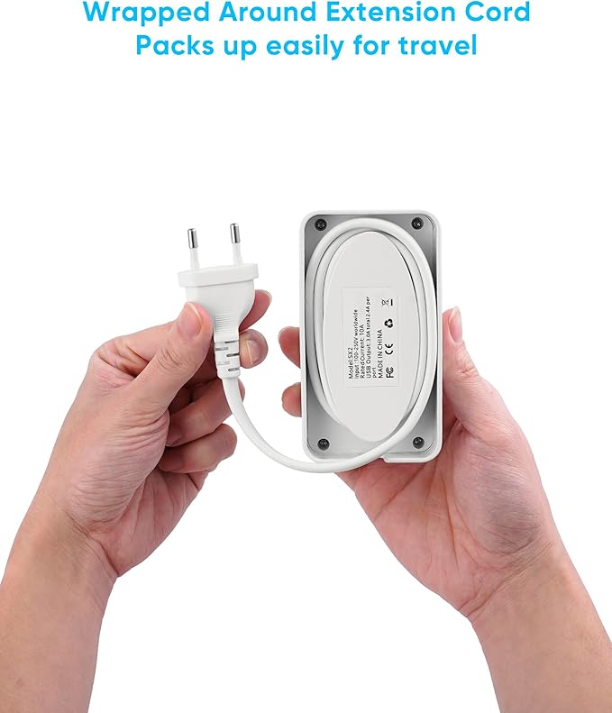 European Travel Plug Adapter, EU/UK/US Travel Adapter Power Strip, 6 AC Outlets, 20W USB C Power Delivery, 3ft Wrapped Around Extension Cord, Compact for Travel