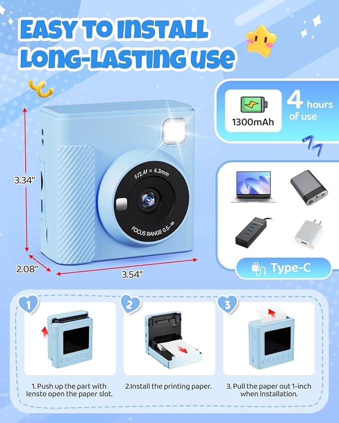 Kids Instant Print Camera, Christmas Birthday Gifts for Girls and Boys, 1080P HD Video Digital Kids Camera with Print Paper & 32G Card, Toddler Toy for 3-14 Years Old (Blue)