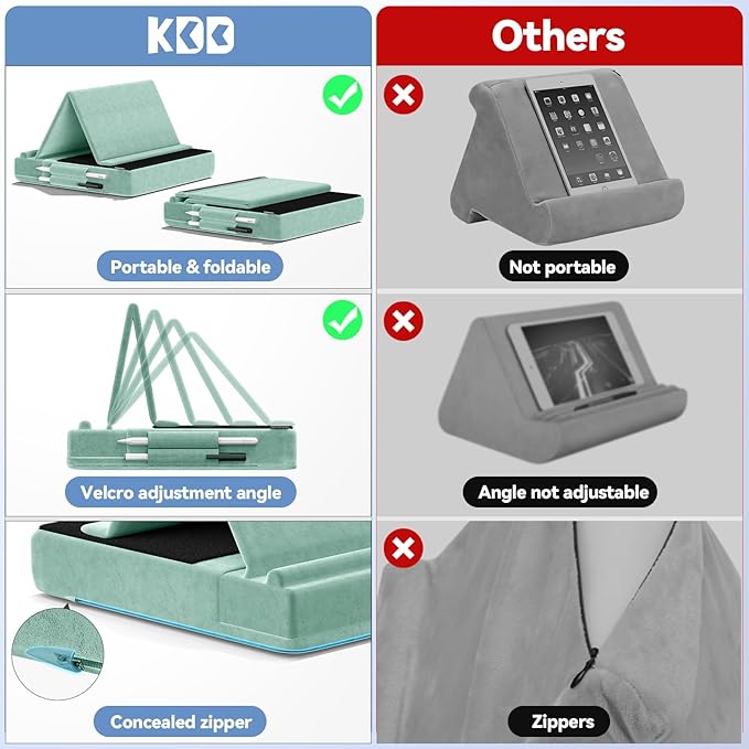 KDD Tablet Pillow Stand, Multi-Angle Viewing Ipad Holder for Lap, Bed and Desk, Foldable Soft Pad Dock with Stylus Mount Compatible with Ipad Pro 12.9, 10.5, 11, Air, Mini, Phones, Books, E-Reader