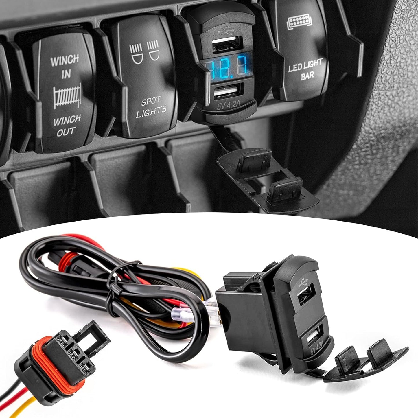Wsays Dual USB Rocker Switch 12v Charger/Outlet with LED Voltmeter Display Plug & Play Compatible with Polaris RZR Ranger General