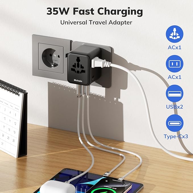 Hichain 7-in-1 Universal Travel Adapter 35W, Fast Charging GaN Travel Worldwide Universal Power Adapter Block, Compact International Plug Foldable European Travel Plug Adapter Global Vacation Holiday