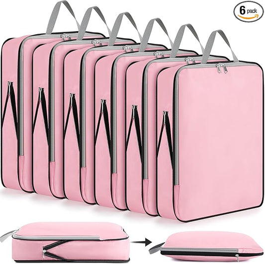 Hosuly 6 Pcs Large Compression Packing Cube Bag Travel Expandable Space Saving Organizers for Luggage Storage(Pink,17.3 x 12.6'')