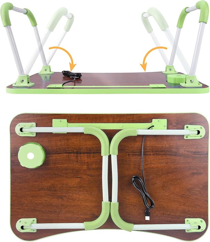 Slendor Lap Desk with Cup Holder, Foldable Laptop Table for Bed, Portable Bed Desk for Laptop and Writing, Computer Tray with Tablet Slot, Notebook Stand Reading Holder for Couch Sofa Floor,Green