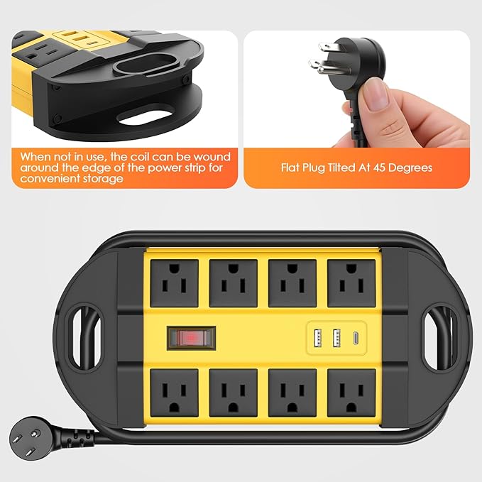 HHSOET Outdoor Weatherproof 8 Outlet Power Strip, IPX6 Waterproof Surge Protector, 2 USB-A 1 USB-C Ports, 10 FT Extension Cord for Outdoor Patio Garden Porch Garage