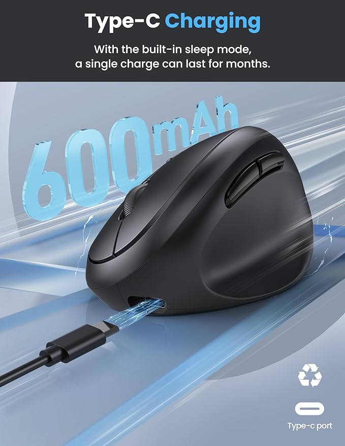 TECKNET Ergonomic Mouse, Bluetooth Wireless Vertical Mouse, Rechargeable Battery, Quiet Clicks, 4800 DPI Adjustable, BT5.0/3.0 & 2.4G Connect, Easy to use, Wide Compatibility - Black