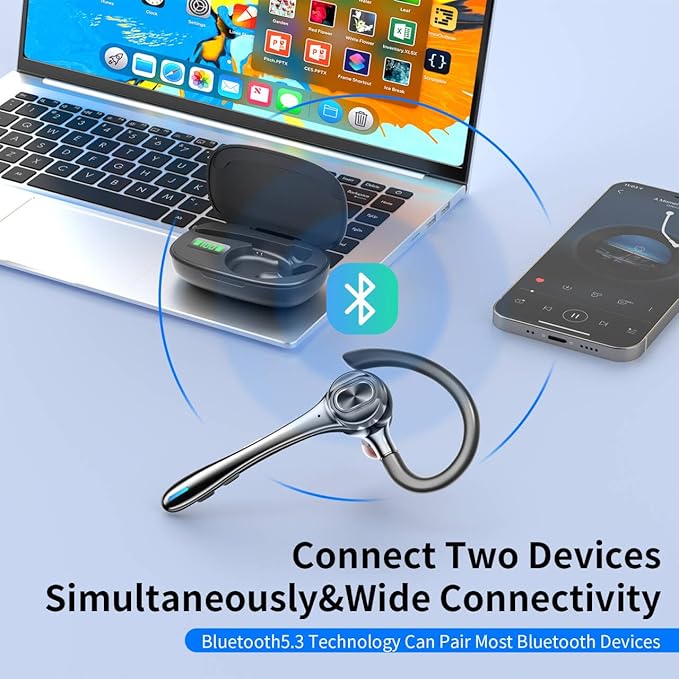 Bluetooth Earpiece Wireless Headset with Noise Cancelling Microphone 160H Standby Time Hands Free Over Ear Ear phone LED Diaplay Charging Case for IOS Android Samsung Cellphones Truck Drivers Business