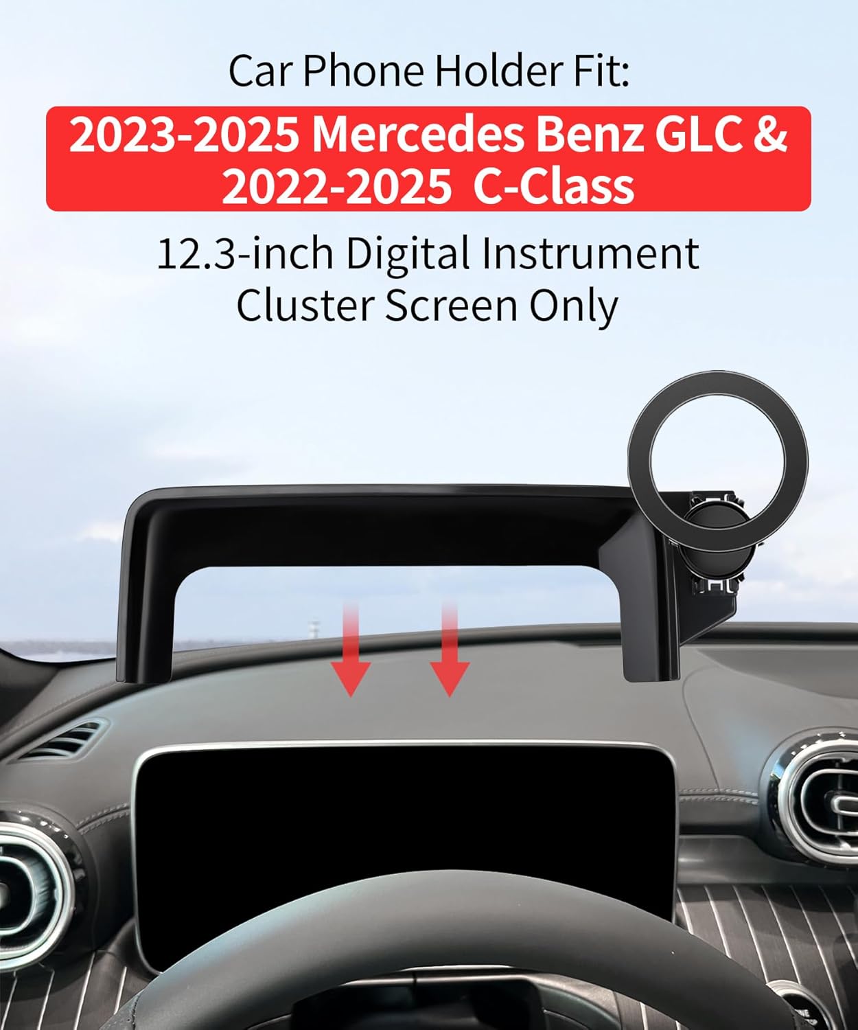 Car Phone Holder for 2023-2025 Mercedes Benz GLC / 2022-2025 C-Class Accessories 12.3-Inch Digital Instrument Cluster Screen Fixed Clip, 360° Rotation Phone Mount Compatible with MagSafe