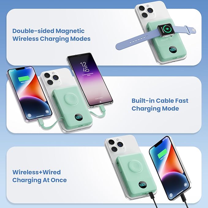 Magnetic Portable Charger 10800mAh for iPhone with Built-in Cables, 6-in-1 Wireless Power Bank with iWatch Charger, 25W PD Fast Charging USB C Battery Pack for iPhone 16/15/14/13/12,Apple Watch(Green)