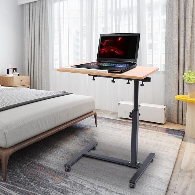 Mobile Laptop Table Adjustable Overbed Bedside Table Rolling Standing Laptop Desk Tilting Overbed Table with Wheels Height Adjustable Tray Table for Bed Sofa