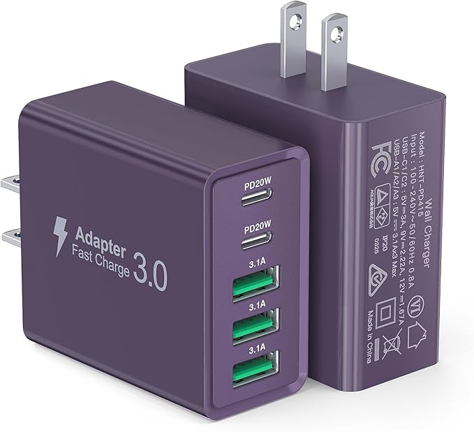 [2-Pack] USB C Wall Charger, 50W Charger Block 5-Port PD Fast Charging Blocks,Multiport 2USB C+3USB A Plug,Type C Power Adapter Brick Cube for iPhone 17/16/15/14/13/Pro,Samsung,for Switch（Purple）