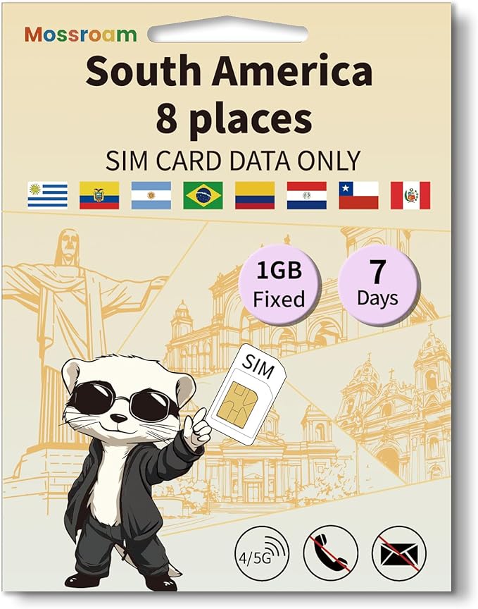 SIM Card for 8 Countries in South America– Prepaid Data Plans | 1GB Daily Data,7 Days | High-Speed Internet | Ideal for Travelers