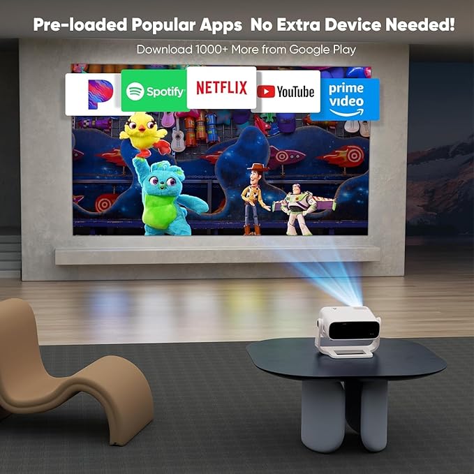 Smart Projector with WiFi 6 and Bluetooth Built-in Apps - 4K Support Portable Bedroom Mini Projector Native 1080P , 2025 New Auto Keystone & Zoom Home Theater Cinema Movie Proyector, 120° Stand