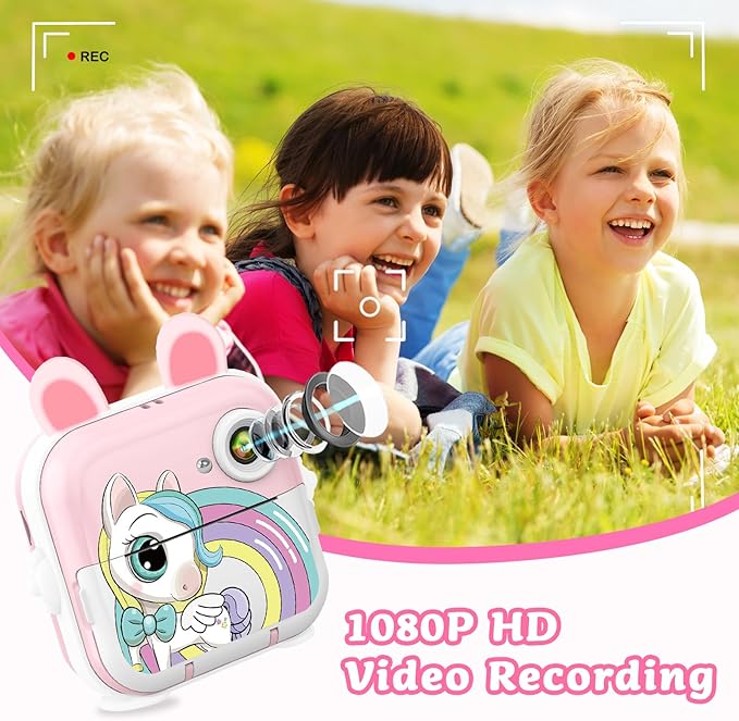 Kids Camera Instant Print Girls Boys, 2,4" HD 1080P, 32GB Card, with Photo Paper and Colored Pens, Instant Camera Holiday Birthday Gifts, Printable Toddler Portable Travel Print Toy (Pink)