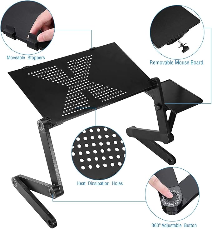 Adjustable Laptop Table Foldable Notebook Desk Laptop Riser Stand Aluminum Alloy Holder with Mouse Board Breakfast Snacking Tray for Home Office Travel
