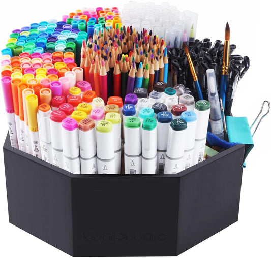 walowalo Bamboo Rotating Art Supply Organizer Holds 800+ Pencils Spinning Crayon Marker Pen Holder for Desk Brush Storage for Office School Classroom Organization Stationary Black (Larger Version)