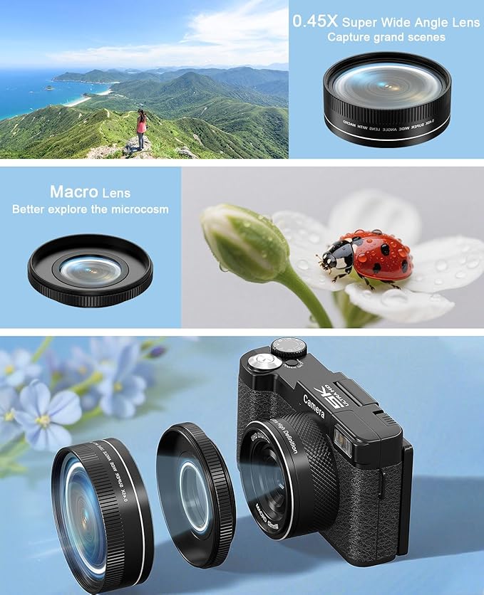 FLATIC Digital Camera with WiFi, 5K 64MP Cameras for Photography with 180° Flip Screen for YouTube, 18X Zoom Autofoucs Vlogging Camera with 64GB Card, Wide & Macro Lens, 2 Batteries, Card Reader