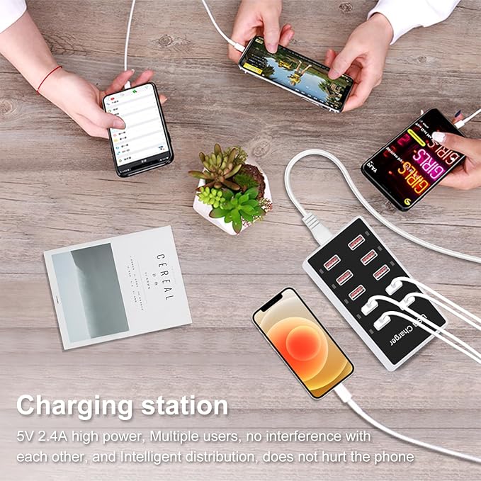 Cell Phone Wall Charger USB Charging Station for Multiple Devices 10 Ports Power Strip Charging Hub Smart Plug Charge Block Dock for iPhone 15/14/13/iPad iPod Galaxy Watches Android Phones