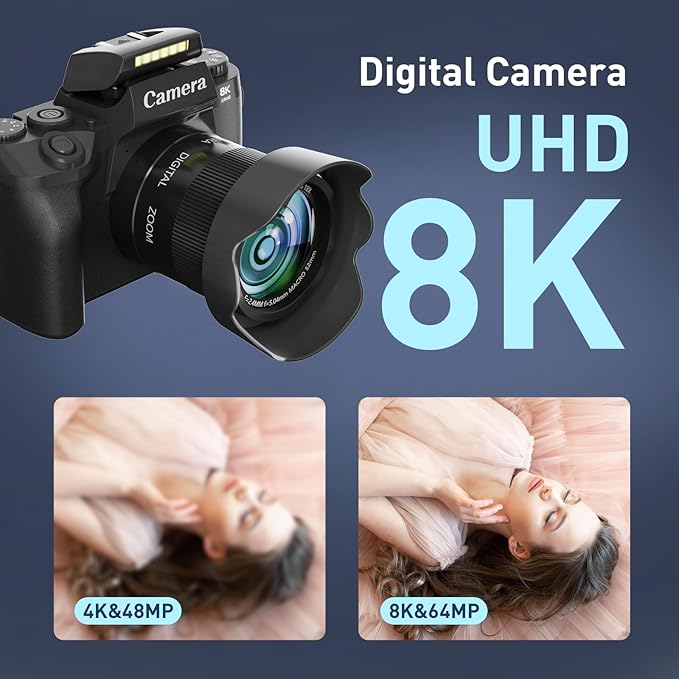 8K Digital Camera for Photography, WiFi & Dual-Lens Vlogging Camera for YouTube with 4" Touch Screen, 64MP Vlog Cameras 16X Digital Zoom with 3000mAh Battery, 32GB TF Card & Lens Hood(Black)
