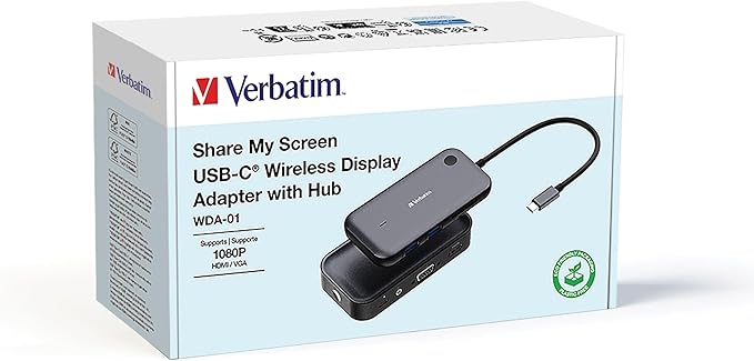 Verbatim Share My Screen Video Extender 1080p USB-C Wireless HDMI Transmitter and Receiver Display Adapter with USB Hub and Card Reader