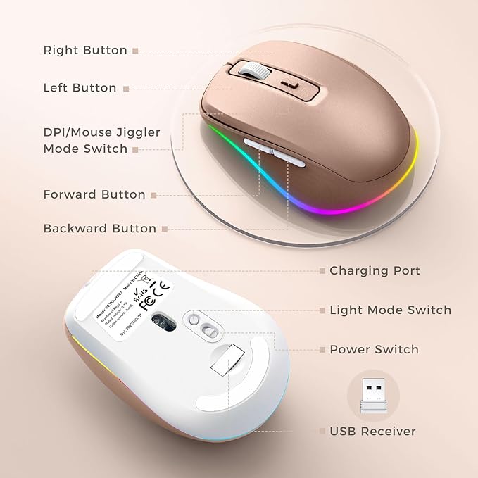 PEIOUS Wireless Mouse Jiggler - LED Wireless Mice with Build-in Mouse Mover, Rechargeable Moving Mouse for Laptop with Undetectable Random Movement Keeps Computers Awake - Gold