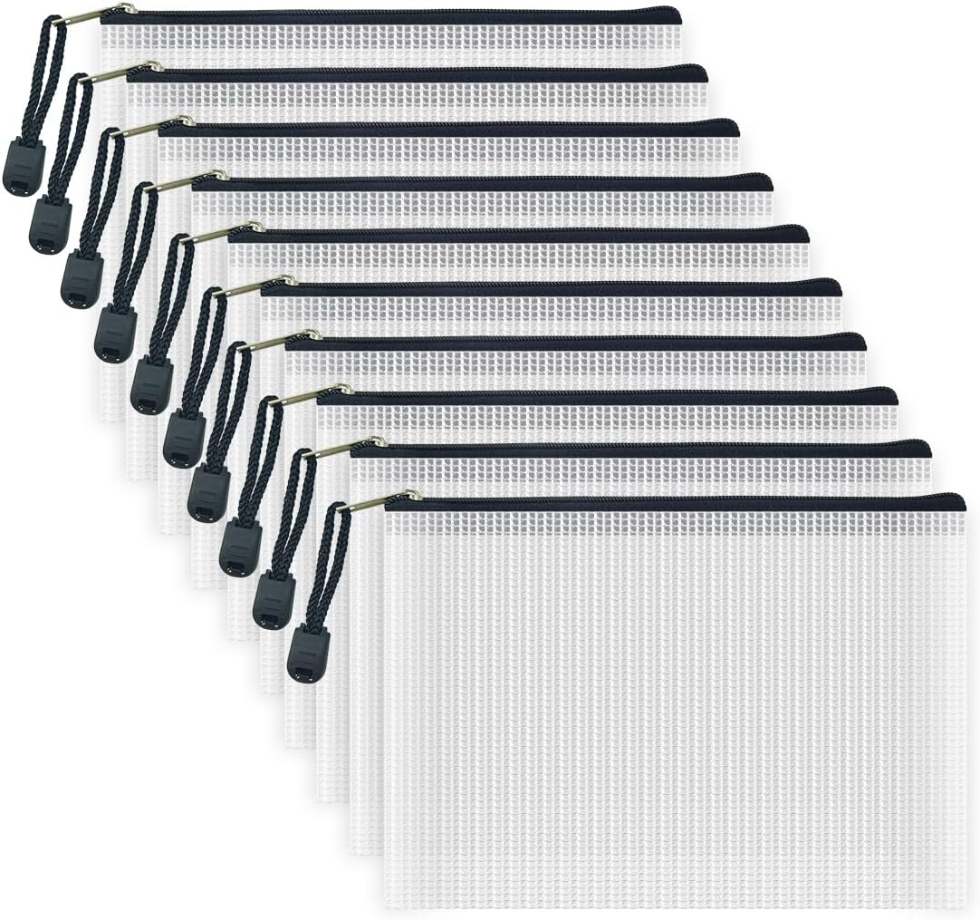 AUSTARK 10 Pcs Zipper File Bags, Waterproof Plastic Mesh Pouch for Office School, Board Game Storage Bags (B6 Size 7.6''x5.3'', White and Black)