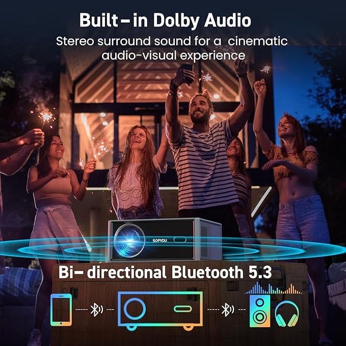 Netflix Smart Projector with WiFi and Bluetooth, SOPYOU Outdoor Movie Projector 4K with Apps Max 450", Electric Focus & Auto Keystone, Built-in Netflix/YouTube/Prime Video