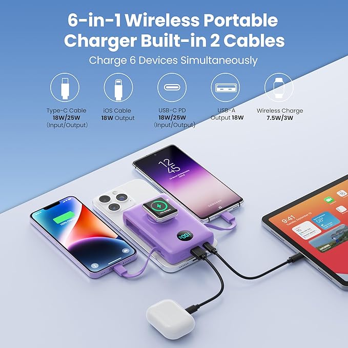 Magnetic Portable Charger 10800mAh for iPhone with Built-in Cables, 6-in-1 Wireless Power Bank with iWatch Charger,25W PD Fast Charging USB C Battery Pack for iPhone 16/15/14/13/12,Apple Watch(Purple)