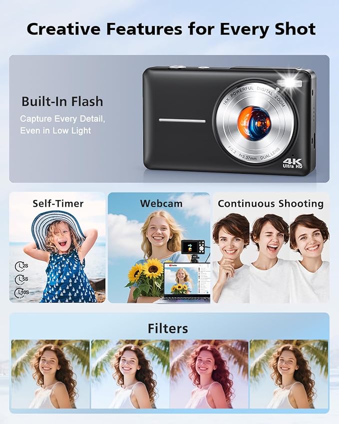 Digital Camera, 4K 64MP Camera for Photography and Video, Autofocus Compact Camera with Selfie Lens, Anti-Shake, 16X Zoom, 32GB Card, Point Shoot Camera for Teens Adult Beginner(Black)