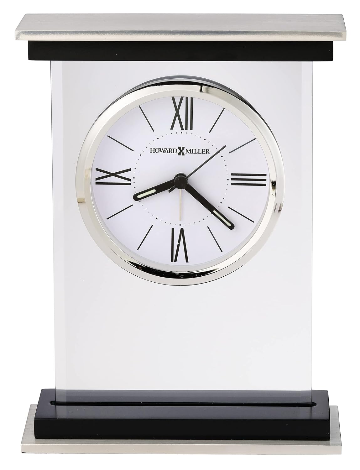 Howard Miller Bryant Tabletop Clock – Modern Desk Clock with Silent Sweep Seconds Luminous Hands Roman Numeral Markers & Bracket Style Design Satin Finish for Home Office & Desktop Decor