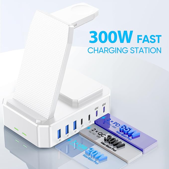 300W Charging Station for Multiple Devices Apple, Zutspzss 10 in 1 Wireless Charger for iPhone 17, GaN III USB C 65W PD Fast Charging Stand Dock for MacBook, Apple Watch&Airpods,White