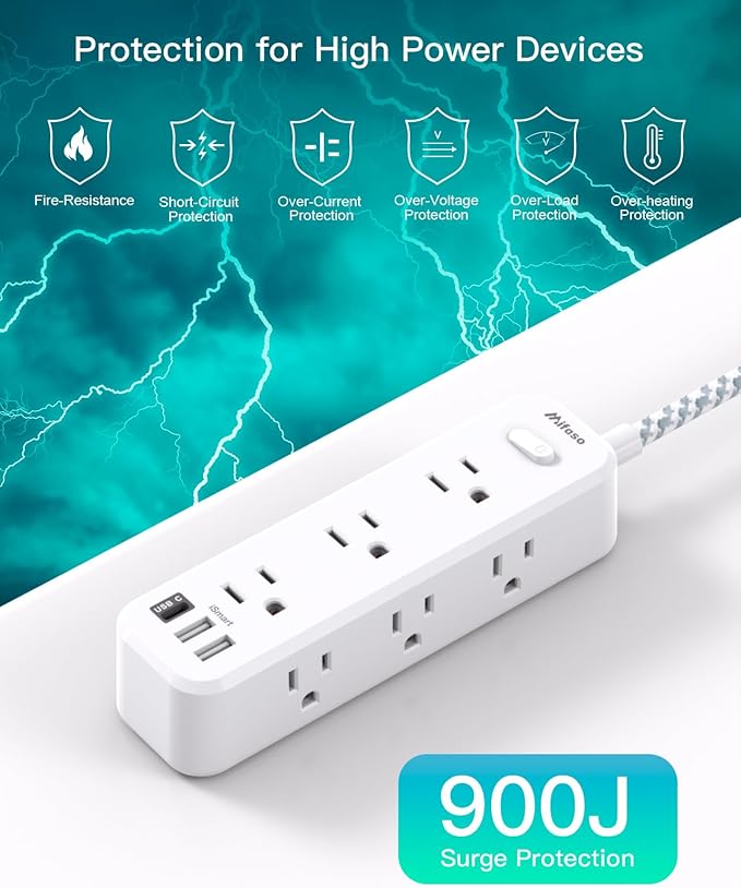 Mifaso Extension Cord, Surge Protector Power Strip, Long Extension Cord with 9 Outlets 3 USB Ports, Extension Cord with Multiple Outlets, USB Power Strip for Dorm Room Essentials, College (5FT, White)