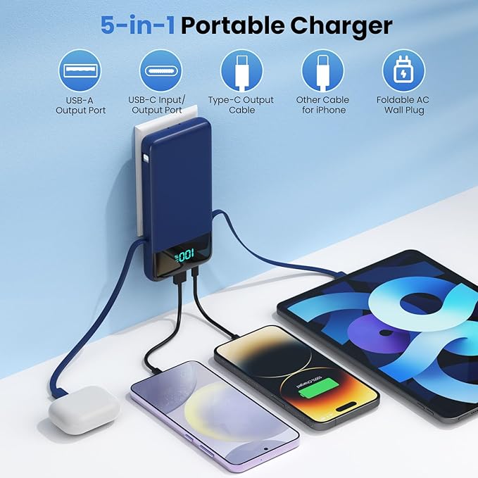 Portable Charger 13800mAh Power Bank with Built-in Cables,LCD Display Fast Charging USB C Battery Pack,4 Outputs Travel Essential Portable Phone Charger for iPhone 16/15/14/13,Android (Navy Blue)