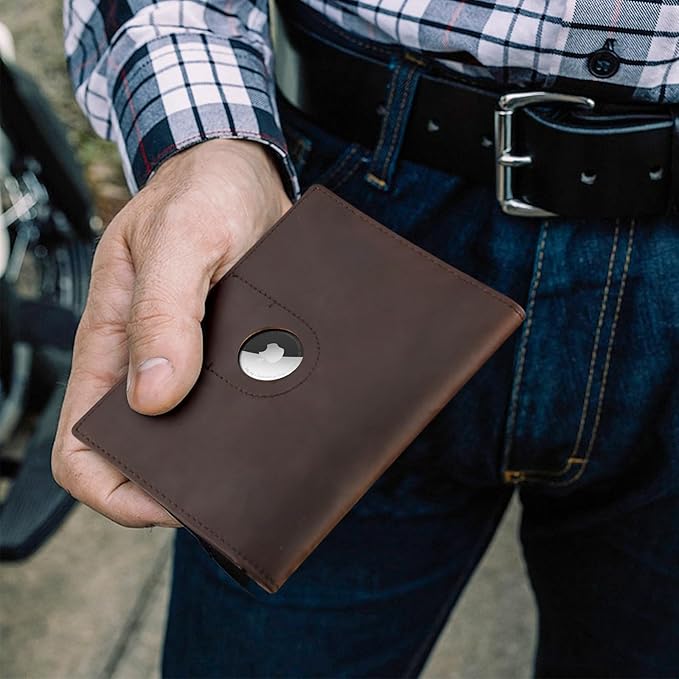 Polare Slim RFID Blocking Leather Passport Holder Travel Bifold Wallet For Men (Dark Brown with AirTag Slot-B)