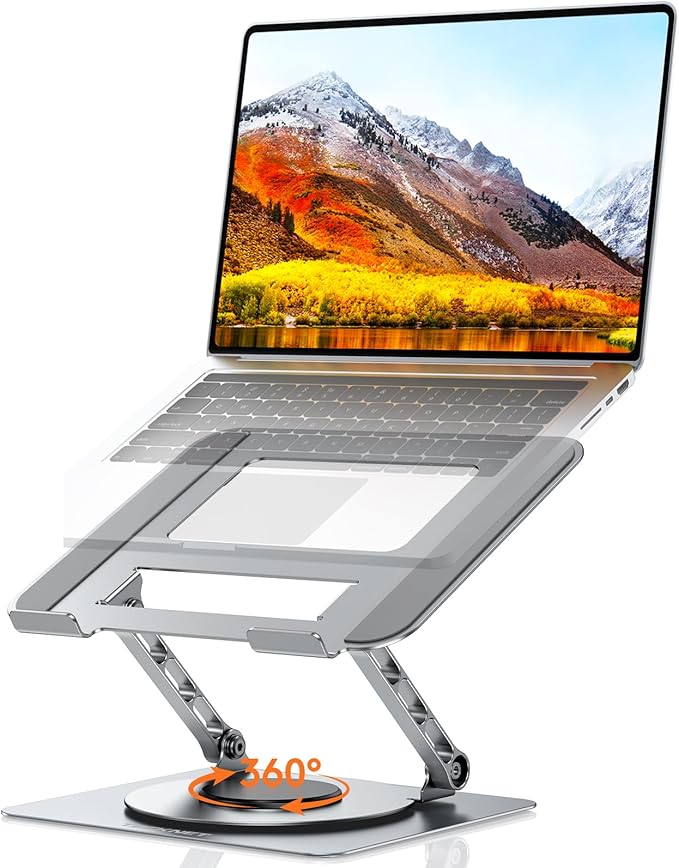 TECKNET Laptop Stand for Desk, 360 Rotating Base, Ergonomic Foldable Computer Stand for Laptop Riser Height Adjustable, Compatible with MacBook Pro, All Laptops 10-17" - Silver