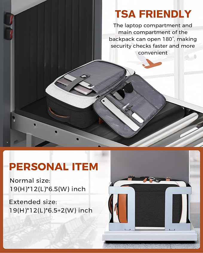 Vancropak Flight Approved 40L Expandable Carry On Travel Backpack, Lightweight Weekend & Short Trip Travel Bag with 3 Packing Cubes, Water-Resistant Anti-Theft Luggage for Men Women, Black White Brown