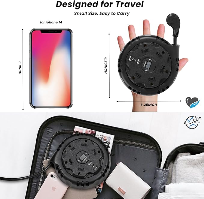 10ft Flat Plug Surge Protector Power Strip, Retractable Extension Cord with Multiple Outlets, 5 AC & 3 USB Charger(1 USB C Port), Desktop Charging Stations for Home/Office/Dorm Room