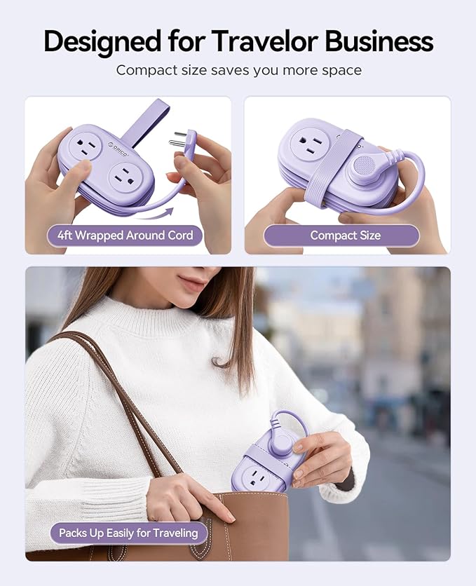 ORICO 4FT Purple Travel Power Strip with 4 AC Outlets, 2 USB-A Ports, and 1 USB-C Port, 45° Flat Plug Extension Cord with Non Surge Protector for Travel/Home/Dorm/Office-AP3