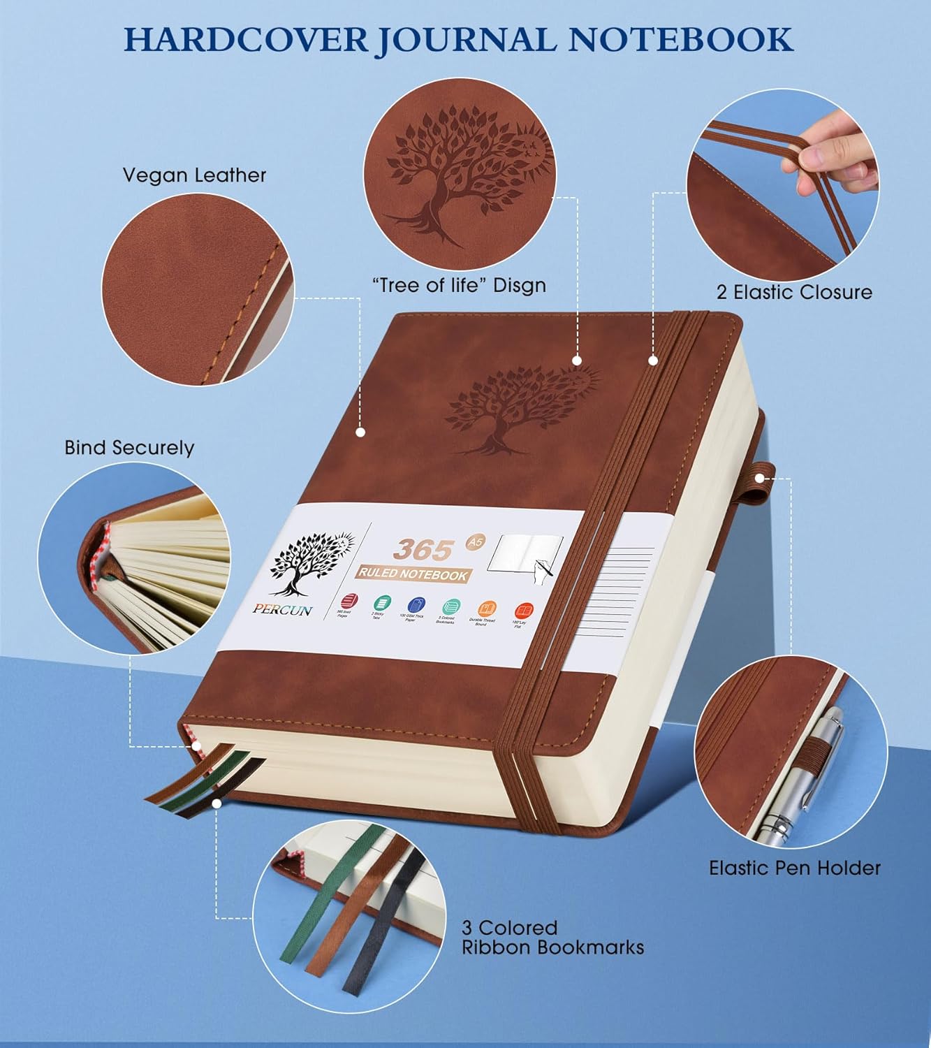 A5 Lined Journal Notebook - 365 Page Leather Journals for Writing Women & Men，Hardcover Notebook with 100Gsm Thick Pages，Daily Diary for Travel, Work，School，Note Taking，College Ruled (5.9" x 8.5")