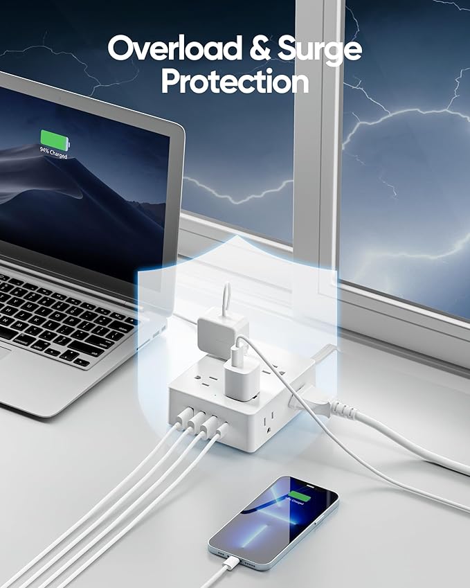 Surge Protector Power Strip, Olcorife 20ft Long Extension Cord with 8 Outlets 4 USB Ports(1 USB C), Flat Wall Plug Outlet Extender, College Dorm Room Essentials, White