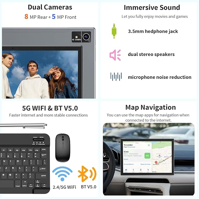 Android 15 Tablet with Keyboard - 10 inch Tablet, 16GB+128GB, 1TB Expand, Octa-Core, 2.4G/5G WiFi, 8000mAh, BT V5.0, GMS Certified, Widevine L1, Split-Screen, with Case, Mouse, Stylus(Green)
