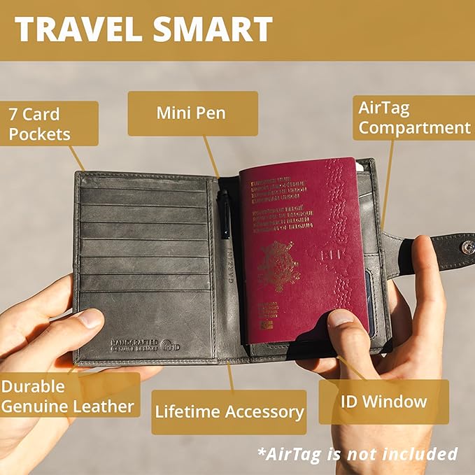 GARZINI Passport Holder with AirTag, Passport Wallet with RFID, Travel Accessories, Travel Document Holder with ID Window, Leather Passport Holder for 7 Cards, Java Brown