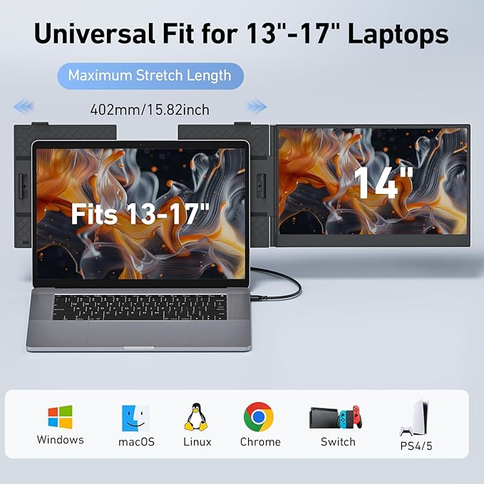 Vixtan Laptop Screen Extender, 14" FHD 1080P Portable Dual Monitor, Ultra-Thin 1.3lbs Plug & Play for 13"-17" Laptops
