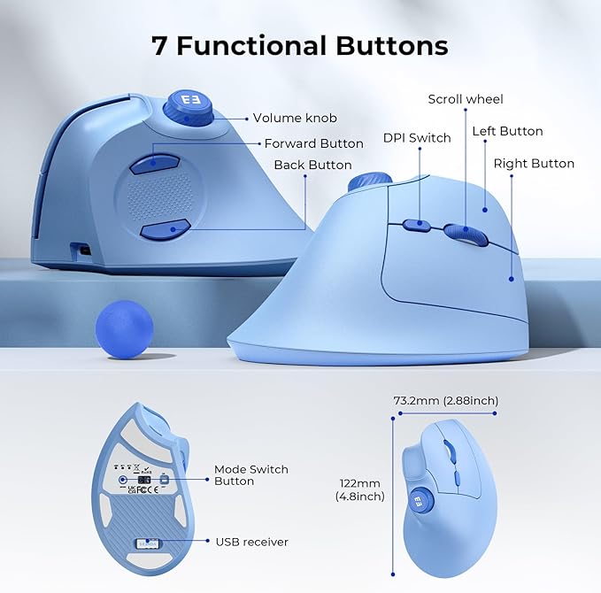 seenda Ergonomic Mouse Rechargeable, USB+Dual Bluetooth, MOU-302 Vertical Wireless Mouse with Volume Knob, Quiet Clicks, Multi-Device Cordless Mice Compatible for Windows, PC, Laptop, Mac OS, Blue